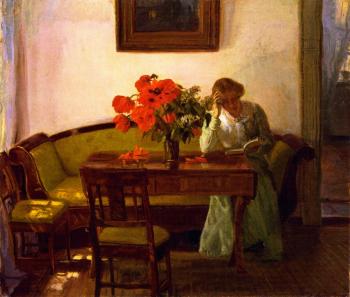 Anna Ancher : Interior with red poppies